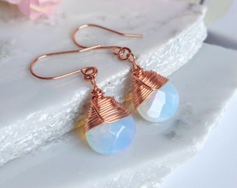 Teardrop Opalite Earrings: Bright Copper Wire Wrapped Dangle