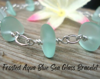 Handmade Aqua Sea Glass Bracelet: Silver Chain, Beach Wedding Jewelry