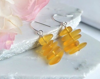 Yellow Pebble Shaped Frosted Sea Glass Silver Ladies Dangle Earrings- Seaglass Beach Jewelry-Gift For Beach Lover's