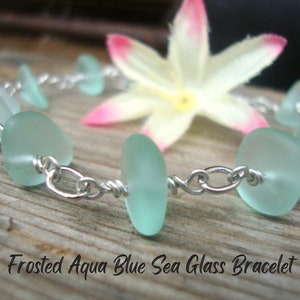 Handmade Aqua Blue Sea Glass Bracelet, Beach Wedding, Gift For Her, Ocean Inspired Jewelry, Chain Bracelet, Dainty Charm Bracelet