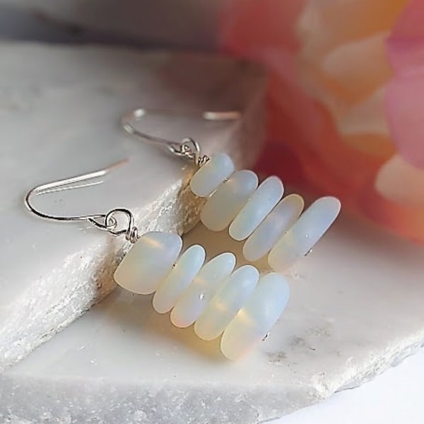 Opal Moonstone Pebble Shaped Frosted Sea Glass Silver Ladies Dangle Earrings- Seaglass Beach Jewelry-Gift For Beach Lover's