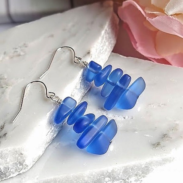 Cobalt Blue Pebble Shaped Frosted Sea Glass Silver Ladies Dangle Earrings- Seaglass Beach Jewelry-Gift For Beach Lover's