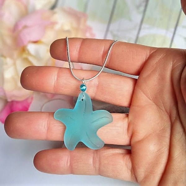 Starfish Sea Glass Necklace-Seaglass- Silver Snake Chain 18 Inch-Beach Charm-Ocean Lover-Gift For Her