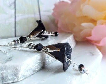 Lucite Flower Earrings Black, Tulip-Rose-Lily Silver Dangle Earrings, Black Floral Dangle Earrings, Botanical Earrings, Bridal Earrings