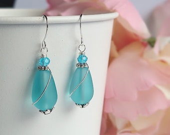 Gefrostete Seeglas Teardrop Ohrringe: Sterling Silber Schmuckdraht-Gewickelt