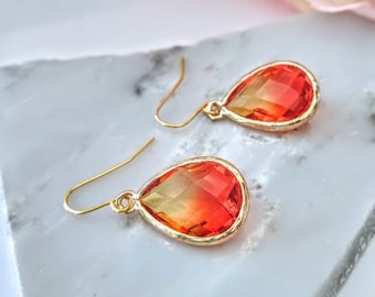 Red Yellow Gold Glass Teardrop Dangle Earrings, Minimalist Style, Bridal Drop Earrings, Multi Color