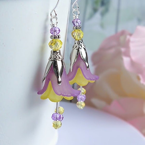 Flower Earrings, Purple & Yellow Floral Dangle Earrings, Garden Party Earrings, Boho Earrings, Lucite Earrings, Bohemian Jewelry