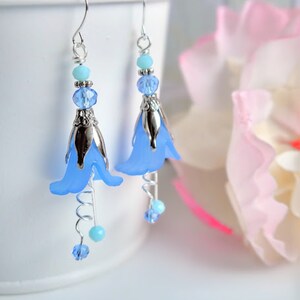 Blue Flower Dangle Earrings: Silver Floral Bridesmaid Jewelry