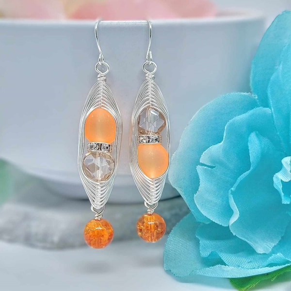 Orange Sea Glass Artisan Wire Braided Silver Earrings-Geometric Dangles- Glass Drops-Gift For Her