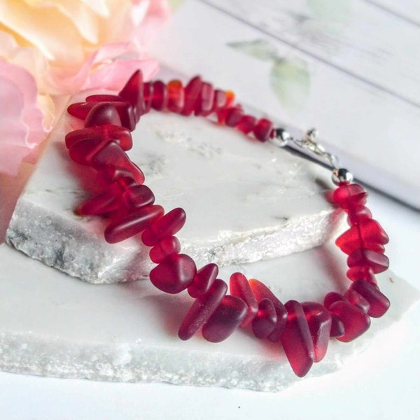 Red Sea Glass Beach Strand Silver Bracelet, Beach Fashion, Beach Lover's Gift, Beach Wedding