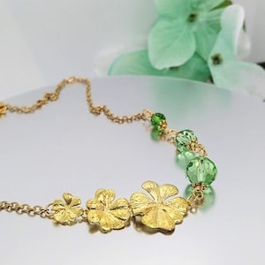 Gold Plumeria Necklace, Gold Bridal Chain, Dainty Gold Pendant, Flower Necklace, Hawaii Inspired, Green Glass, Gift For Her
