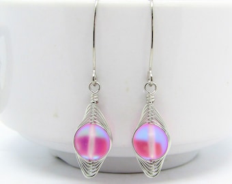Pink "Mermaid Glass" Sea Glass Artisan Wire Braided Silver Earrings