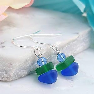 Dainty Blue Sea Glass Earrings, Beach Jewelry, Minimalist Stone Drops, Ocean Baubles, Gift For Beach Lover