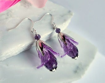 Light Flower Earrings Purple Tulip Cala Lily Silver Dangle Earrings, Lucite Floral Dangle Jewelry