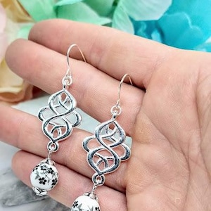 Black Flower Dangle Earrings: Silver Plated Floral Jewelry