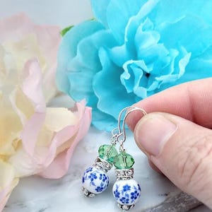 Blue Flower Dangle Earrings, Gift For Her, Dainty Earrings, Daisy Jewelry Rose Earrings, Floral Jewelry, Bridal Earrings, Green Earrings