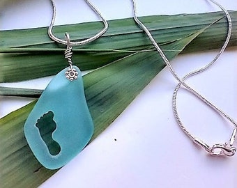 Blue Seaglass Footprint Pendant Silver Snake Chain Necklace-18"