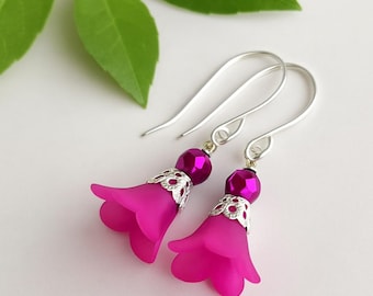 Hot Pink Bell Flower Earrings: Handmade Silver Drop Jewelry