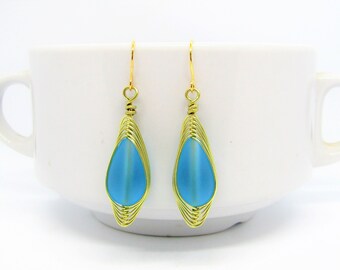 14k Gold Plated Teardrop Earrings: Frosted Sea Glass Dangle