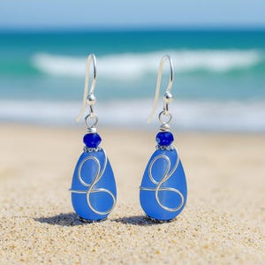 Blue Earrings, Sea Glass Earrings, Sterling Silver Dangle Earrings, Sea Glass Jewelry, Beach Dichroic Glass Jewelry, Dangle & Drop Earrings