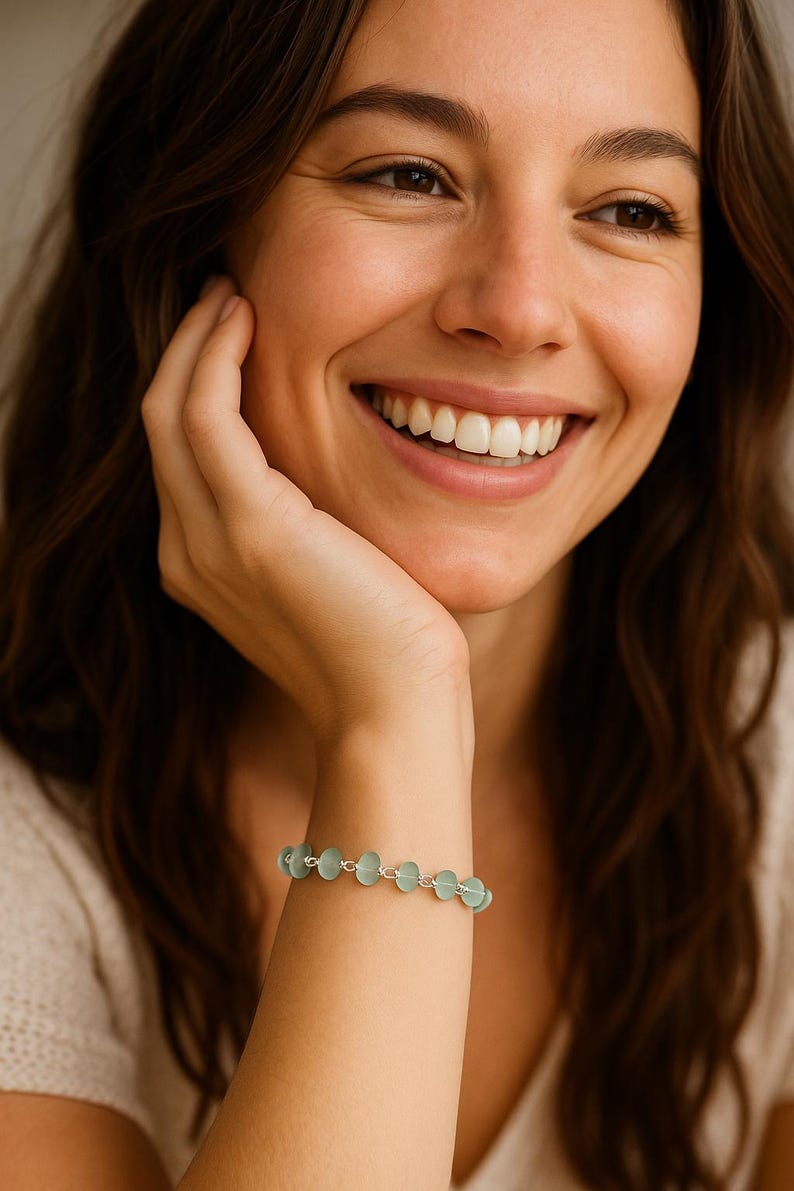 Frosted Aqua Sea Glass Bracelet • Coastal Silver Jewelry • Lightweight Everyday Bracelet • Beach Inspired Gift image 7