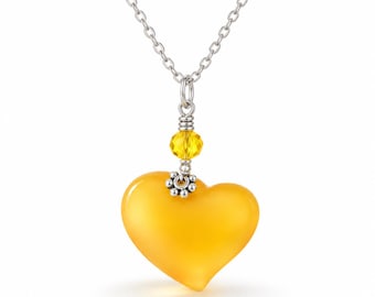 Yellow Heart Necklace with Stainless Steel Chain, Frosted Heart Pendant, Faceted Yellow Bead