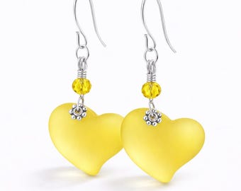 Lemon Yellow Sea Glass Heart Earrings – Dainty Silver Dangle Jewelry, Gift for Her, Bridesmaid Earrings, Summer Jewelry
