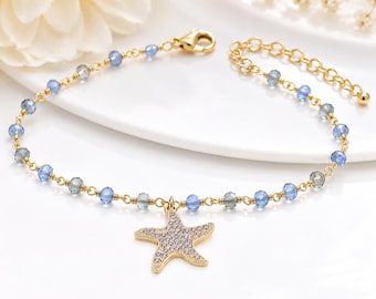 Zierliches Seestern Bettelarmband: Perlenbesetzter Edelstein, 750 Vergoldung