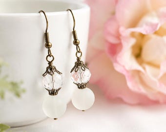 White Crystal Earrings, Antique Brass Earrings, Frosted Glass Earrings, Bridal Earrings, Gift for Her, Cottagecore Jewelry, Dangle Earrings