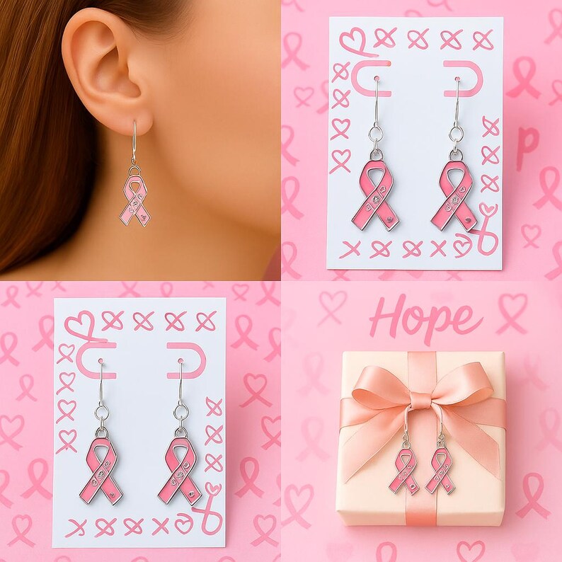 May include: A pair of silver-toned dangle earrings featuring a pink ribbon charm with small embedded crystals. The earrings are displayed on a white card decorated with pink ribbon patterns and are also shown resting on a light pink gift box.