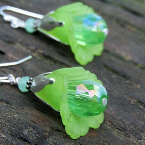 Handmade Silver Green Lucite Flower Earrings: Crystal Dangle Jewelry