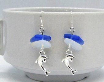 Sea Glass Dangle Earrings, Dolphin Charm Drop Earrings, Beach Earrings, Gift For Beach Lover's, Beach Glass Jewelry