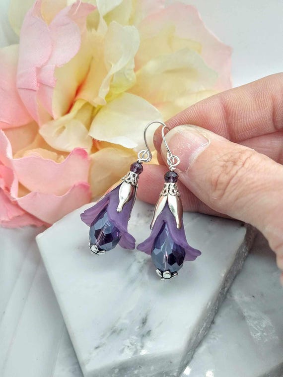 Purple Flower Dangle Earrings, Whimsical Floral Drop Earrings