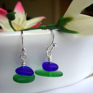 Blue Green Pebble Shaped Frosted Sea Glass Silver Ladies Dangle Earrings- Seaglass Beach Jewelry-Beach Wedding-Gift For Her