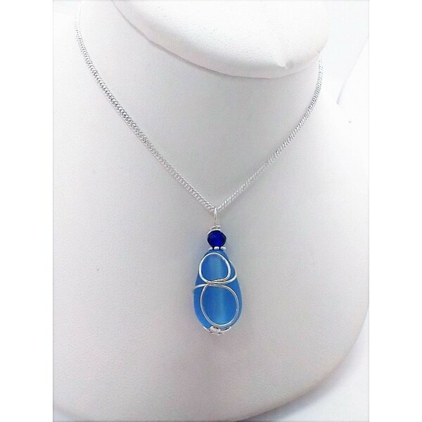 Cobalt Blue "Loop" Sea Glass Pendant Silver Snake Chain Necklace 18 Inch, Gift For Beach Lover, Teardrop Charm