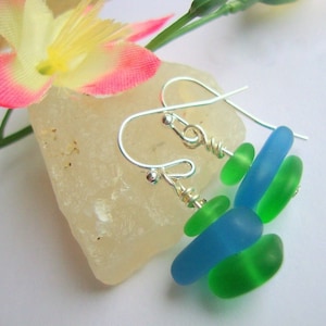 Green Blue Green Pebble Shaped Frosted Sea Glass Silver Ladies Dangle Earrings- Seaglass Beach Jewelry-Beach Wedding-Gift For Her