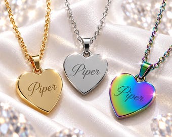 Personalized Name Necklace, Engraved Heart Pendant, Custom Gold Silver Rainbow Jewelry, Initial or Date Gift for Her
