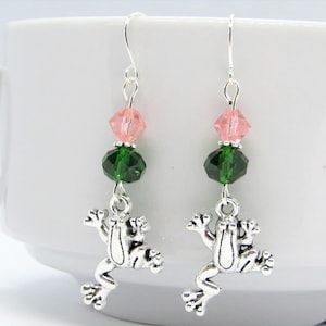 Green & Pink Glass Stainless Steel Frog Charm Silver Dangle Earrings, Gift For Her, Nature, Toad