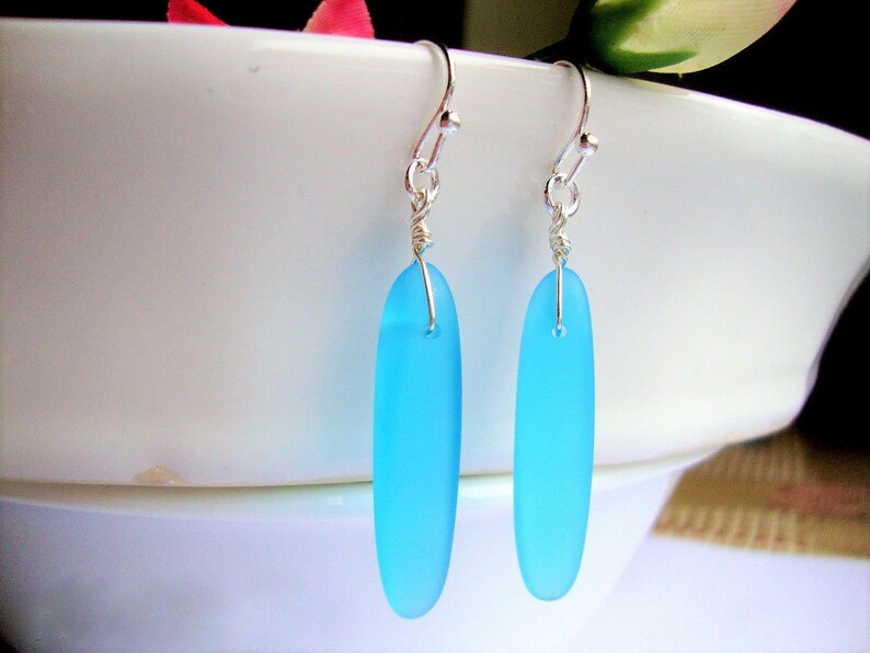 Long Caribbean Blue Sea Glass .925 Sterling Silver Dangle Earrings