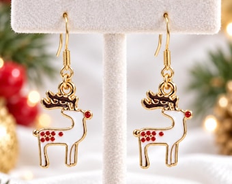 Christmas Reindeer Earrings, Rudolph Dangle Earrings, Gold Holiday Jewelry, Festive Enamel Earrings, Stocking Stuffer Gift for Her