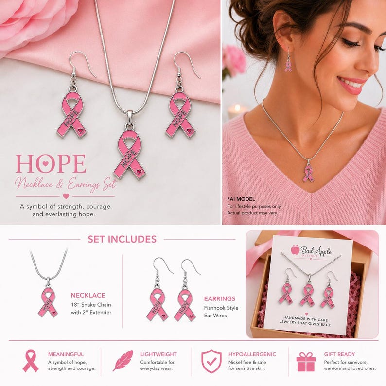 May include: A jewelry set featuring a silver-tone necklace and matching earrings, each with a pink ribbon pendant inscribed with the word HOPE. The necklace includes an 18-inch snake chain with a 2-inch extender, and the earrings have fishhook wires.