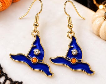 Witch Hat Earrings, Blue Enamel Halloween Dangle Earrings, Spooky Season Jewelry Gift