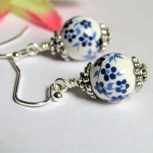 Floral Ceramic Earrings: Sterling Silver Dangles, Boho Jewelry