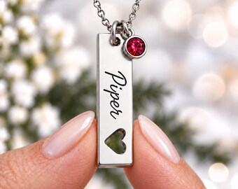 Personalized Bar Necklace with Birthstone, Engraved Name Necklace, Stainless Steel Heart Cutout Jewelry, Custom Gift for Her