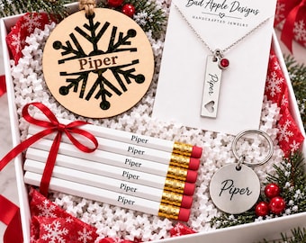 Personalized Christmas Gift Set for Her, Custom Name Necklace, Engraved Keychain, Ornament and 6 Pencils, Stocking Stuffer