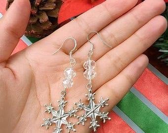 Silver Snowflake Dangle Earrings | Crystal Holiday Jewelry
