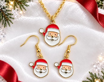 Santa Jewelry Set, Christmas Necklace and Earrings, Gold Holiday Gift for Her