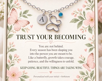 Personalized Butterfly Necklace with Birthstone and Initial, Encouragement Gift Card for Her