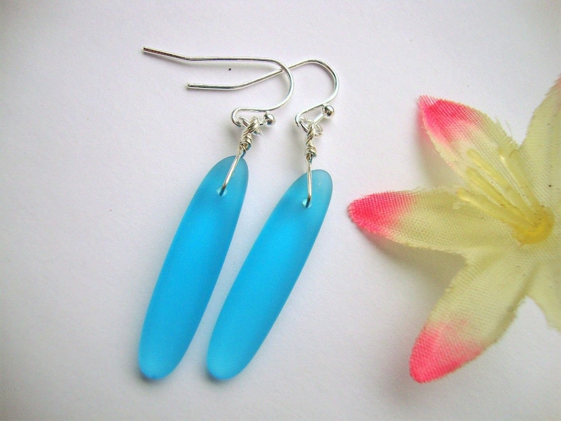 Long Caribbean Blue Sea Glass .925 Sterling Silver Dangle Earrings