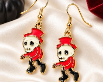 Halloween Skeleton Earrings, Spooky Dangle Earrings, Enamel Skeleton Jewelry, Red Hat Earrings, Trick or Treat Gift for Her